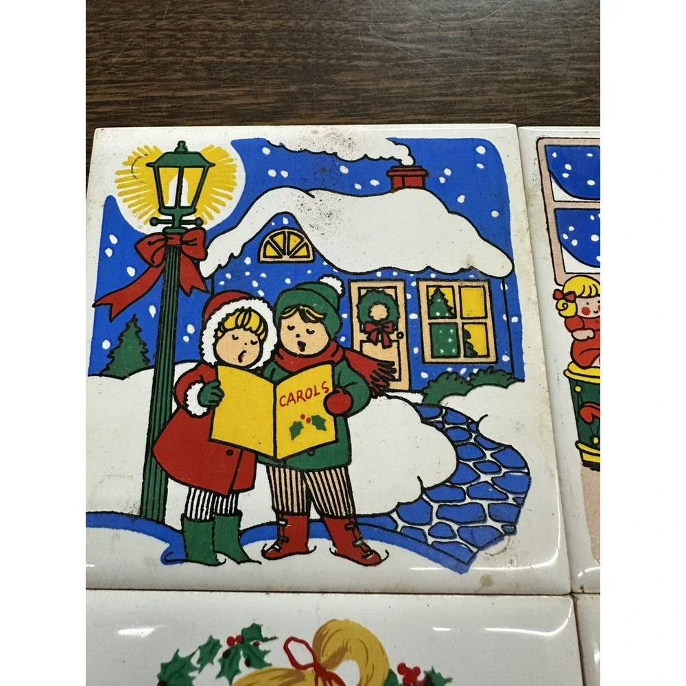 Jasco Christmas Holiday Ceramic Tile‎ Trivet-Set of 4w/Rubber Feet Vintage 1981